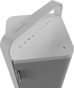 Altavoz Bluetooth portátil Sonoro Vibes XL blanco visto desde arriba con asa integrada y controles táctiles