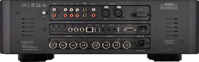 Michi X3 Series 2, bagfra, RCA-lydforbindelser, XLR, USB, Ethernet, højttalerterminaler, strømkontakt