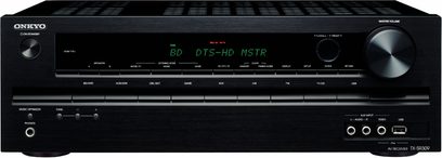 Onkyo TX-SR309 sort hjemmebiografsforstærker, set forfra, blåt display, sølvfarvede knapper og drejeknapper, stik på forsiden