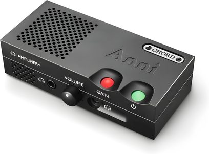 Ampli hi-fi stéréo Chord Electronics ANNI Noir, vue de face, 2 boutons rotatifs, 2 LED, connectique à l'arrière
