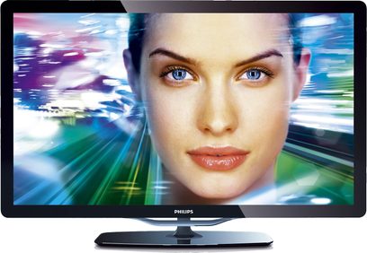 Philips 40PFL8605 fladskærms-tv set forfra, fladskærmen viser ansigtet af en kvinde med blå øjne på en sløret farverig baggrund