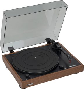 Gramofon Thorens TD 402 DD OAK 2R ze světlého dřeva, černý talíř a zvednutý průhledný kryt