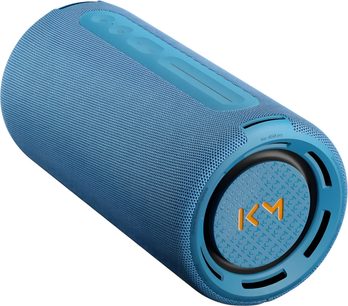 Prenosni Bluetooth zvočnik Loewe We. HEAR pro v denim modri barvi, cilindrične oblike s teksturirano mrežico in upravljalnimi elementi na vrhu