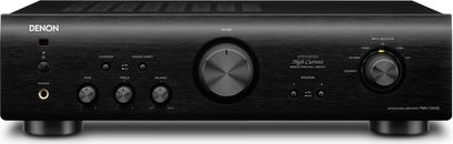 Amplificatore hi-fi stereo Denon PMA-720AE nero, vista frontale, pannello frontale nero con pulsanti e manopole argentate, display centrale
