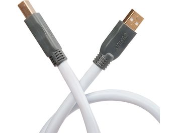 „Supra USB 2.0 A į B" USB kabelis, 3 m, pilki metaliniai USB A ir B tipo jungtys, baltas apvalkalas, vaizdas iš priekio