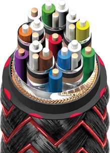 Audioquest Firebird 48Gbps 72v DBS 2m HDMI-kabel, set ovenfra, rød og sort flettet kappe, 18 farvede cylindriske stik