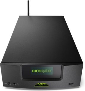Naim UnitiQute 2 sort højfedelt system, frontvisning, trapezformet design, grøn skærm i midten