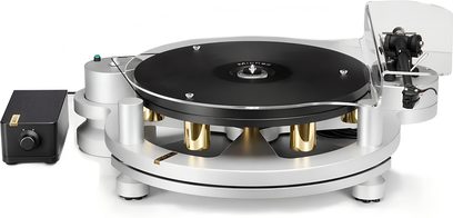 Michell Engineering GYRO platenspeler zilver, aluminium chassis, zwarte plateau, gouden pilaren, arm rechts, 3/4 aanzicht voorzijde