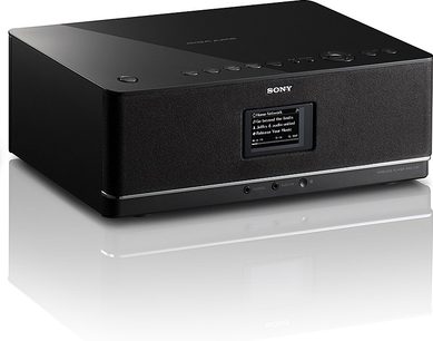 Sony NAS-C5E sort internetradio, set forfra og ovenfra, LCD-display, knapper og kontrolknapper på toppen