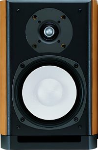Sort Onkyo D-312E bogreolhøjttaler, frontpanel med højttalere, diskant og bas-refleksport