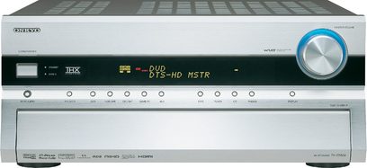 Wzmacniacz kina domowego Onkyo TX-SR806 w kolorze srebrnym, przedni panel, widok z przodu, niebieski wyświetlacz "DVD DTS-HD MSTR", przyciski i pokrętło