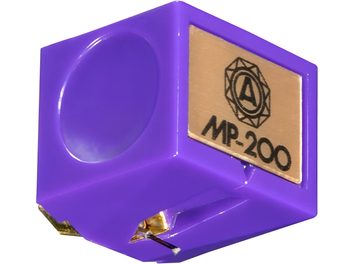 Nagaoka JN-P200 diamond stylus for turntable, violet cubic plastic case shown in three-quarter view, gold front plate marked “MP-200” and visible metal tip underneath