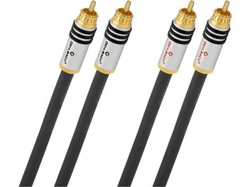 Analogový audio kabel RCA Oehlbach NF 14 Master 2m černý s pozlacenými konektory a válcovitými bílými těly s dvojitými černými prstenci, zobrazený v tříčtvrtečním pohledu