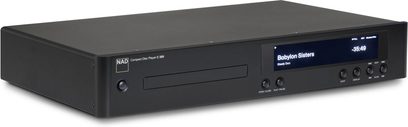 Hi-Fi-CD-Player NAD C 589 schwarz, Frontansicht in Schrägansicht, schlichte Front mit Display und Bedienelementen rechts