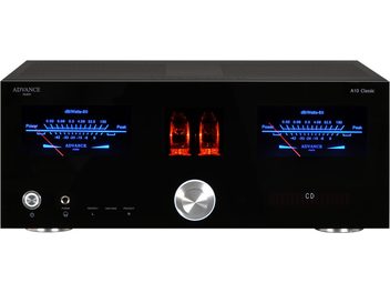 Advance Paris A10 Classic zwarte hi-fi stereo-versterker, vooraanzicht, blauwe displays, twee verlichte rode VU-meters, zilveren knop