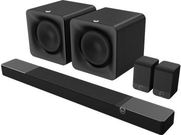Barra de som Klipsch Flexus Core 200 com colunas surround Surr 100 e dois subwoofers Sub 100 pretos