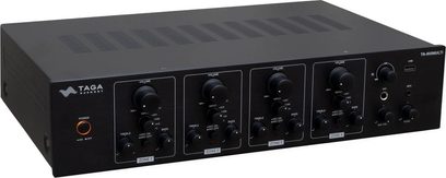 Taga Harmony TA-600MULTI -stereovahvistin, etunäkymä, 4 ohjausaluetta, mustat painikkeet, musta viimeistely, USB- ja AUX-portit