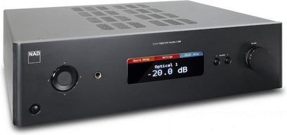 Amplificatore hi-fi stereo NAD C388 color grafite, vista frontale, display "-20.0 dB", pulsanti e prese sul pannello frontale