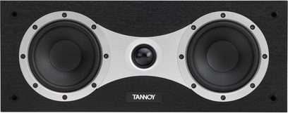 Tannoy Eclipse Center højttaler i sort, set forfra, to runde sorte højttalere i et lyst gråt kabinet