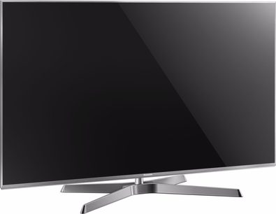 Telewizor Panasonic TX-50EX780E, czarny płaski ekran wyłączony, srebrna metalowa podstawa w kształcie odwróconej litery V