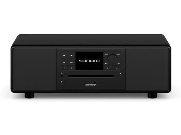 Sistema hi-fi tutto in uno Sonoro Prestige nero-nero con pannello frontale rettangolare, display centrale e doppi altoparlanti