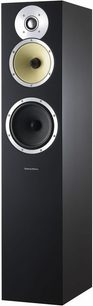 Sloupová reprosoustava Bowers & Wilkins CM7 v černé barvě, pohled zepředu, s tweeterem, středovým reproduktorem a wooferem