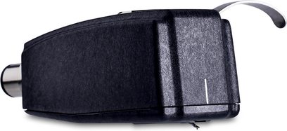 Bunka pro gramofonové přenosky Ortofon SPU GTX S, pohled zleva, černý texturovaný kryt, zadní kovový konektor, zakřivená páka