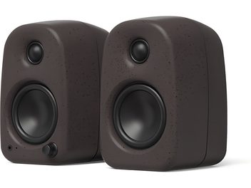 Pair of Kanto UKI brown speakers, speckled finish with rounded front panel and black drivers