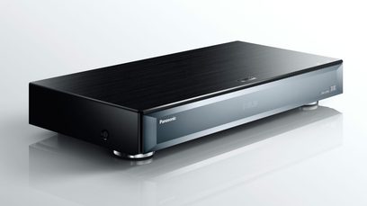 Panasonic DMP-UB900 4K Blu-ray Player, front view, black color, metallic front panel, digital display