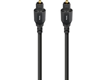 Black plastic Audioquest Pearl optical digital cable, 5 m, with gold-plated Toslink connectors marked PEARL, front view