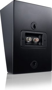 Zwarte Dolby Atmos-luidspreker Canton AR 4 S2, achteraanzicht met zilverkleurige luidsprekeraansluitingen en wandbeugels