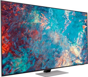 Samsung QE85QN85A TV som viser et abstrakt bilde med livlige røde, blå og turkise farger på svart bakgrunn