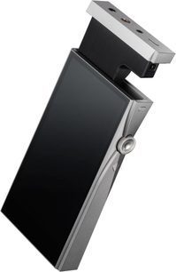 Audiofil Astell&Kern SE180 sort bærbar musikafspiller, set fra siden, i børstet metal med skærm, drejeknap og stik på kanten