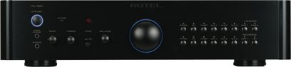 Rotel RC1580 sort stereoforforstærker, frontvisning, knapper og stik på forsiden, blå midterdisplay