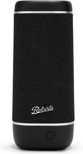 Φορητό Bluetooth ηχείο Roberts Reunion μαύρο, υφασμάτινο πλέγμα, πλαστικό επάνω και κάτω μέρος, όψη από μπροστά, στρογγυλό κάτω κουμπί