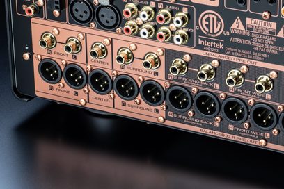 Marantz AV 10 home theater preamplifier, close-up rear view, numerous and varied audio and video connectivity