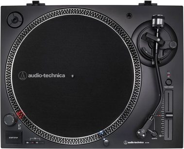 Audio-Technica AT-LP120X USB sort pladespiller, set forfra, rund pladespiller, tonarm med modvægt