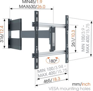 Sort metalvægbeslag til TV, set forfra og fra siden, med dimensioner i mm og tommer, 180 graders rotation