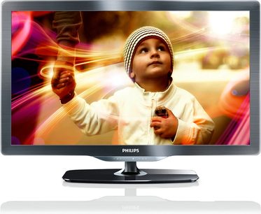 Philips 40PFL6606H-fladskærm, der viser et billede af et lille barn med en hvid og beige hue på en sløret, farverig baggrund