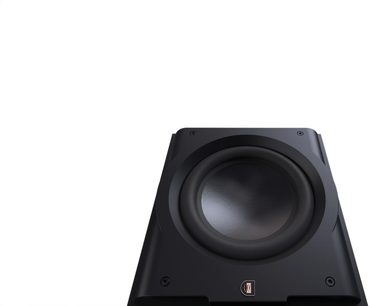 Perlisten R12s subwoofer, vooraanzicht, zwarte afwerking, centrale ronde luidspreker, dikke rand, logo onderaan