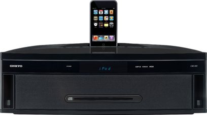 Onkyo CBX-300 sort dockingstation med iPod-dock, CD-afspiller, USB-port og LED-display, set forfra