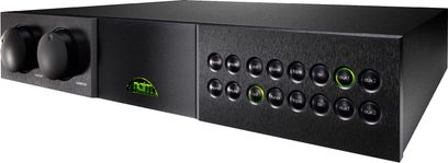 Naim Audio NAC252 sort præforstærker, frontvisning, 2 drejeknopper, 14 lysende grønne og hvide trykknapper