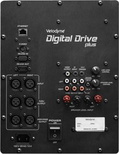 Velodyne Digital Drive plus DD-12+ sort subwoofer, set forfra med tilslutninger, justeringer og frontdisplay