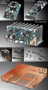 Marantz PM-KI pearl stereo hi-fi forstærker, eksploderede visninger af de indre komponenter og kobberrammens chassis på sort baggrund