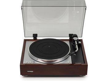 Hi-Fi vinila atskaņotājs TD 1601 ar TP 160 riekstkoka apdari, priekšējais skats, pacelts caurspīdīgs vāks, melns apaļš disks, sudrabains tonarms