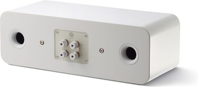 Q Acoustics Concept 90 hvid højglans centerhøjttaler, set forfra, afrundet rektangulær form, 2 højttalere, 4 terminaler