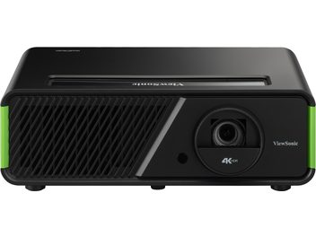 Videoproiector ViewSonic X1-4K, vedere frontală, carcasă neagră dreptunghiulară cu grilă frontală, obiectiv decentrat, logo ViewSonic și mențiunea "4K HDR" vizibile