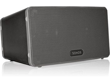 Trådløs, tilsluttet Sonos PLAY:3 højttaler i sort, set forfra, sort gitter, Sonos-logo, afrundet rektangulær form