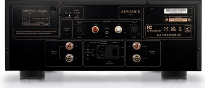 Advance Paris X-A160EVO sort high-fidelity effektforstærker i metal, set bagfra med rektangulært kabinet på cylindriske fødder, XLR- og RCA-stik, guldbelagte højttalerterminaler, IEC-stik og afbryder