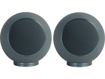 Diffusori da scaffale Elipson Planet L Performance 2.0 blu opaco, forma sferica, griglia metallica frontale, base cilindrica